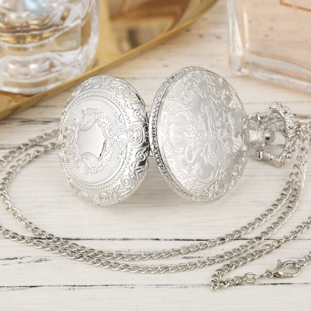 Luxury Silver Shield Crown Pattern Quartz Pocket Watch