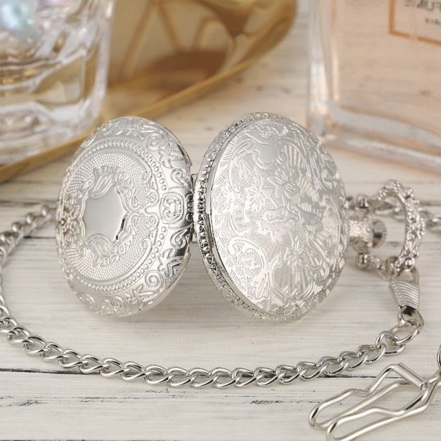Luxury Silver Shield Crown Pattern Quartz Pocket Watch
