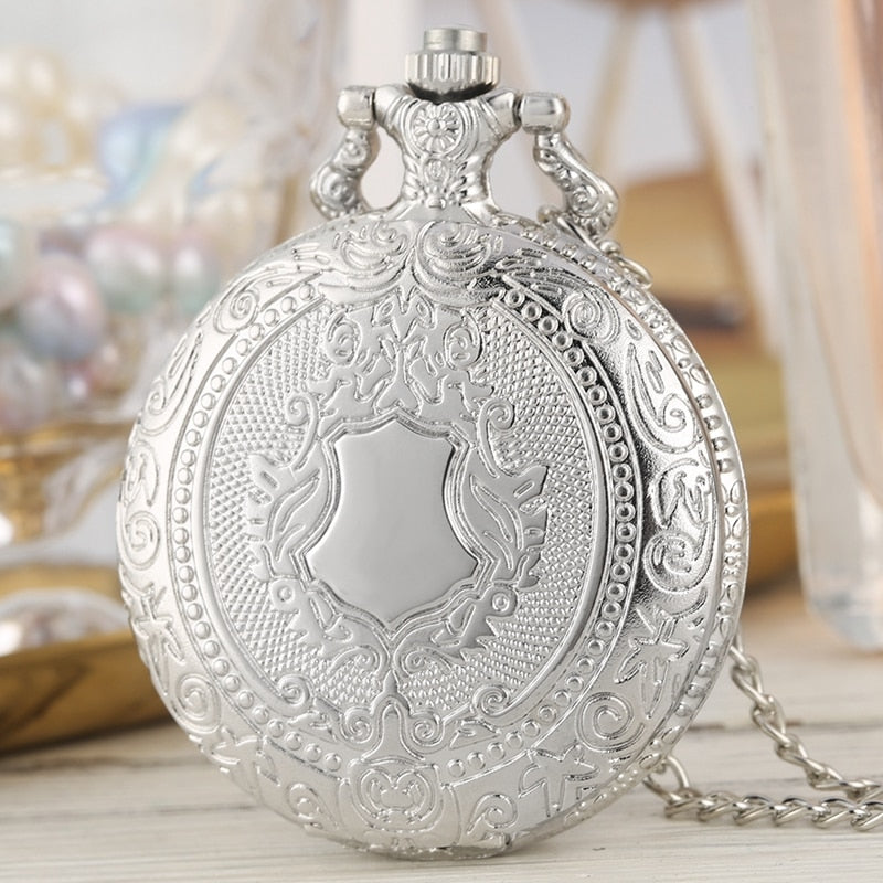 Luxury Silver Shield Crown Pattern Quartz Pocket Watch