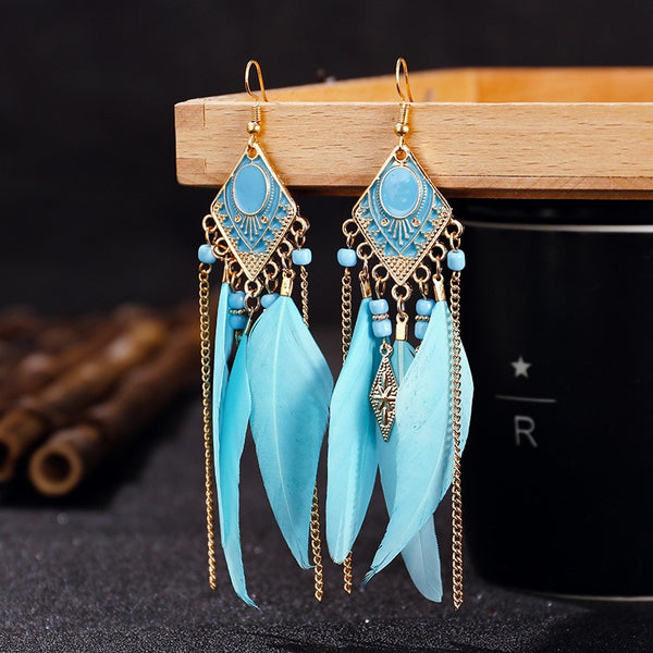 Pendientes largos de plumas azules de verano para mujer