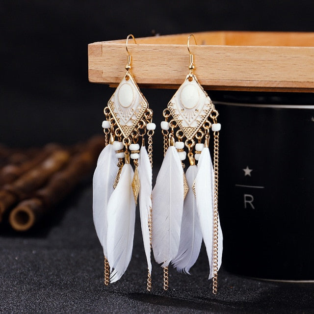 Summer Blue Long Feather Dangle Earrings For Women