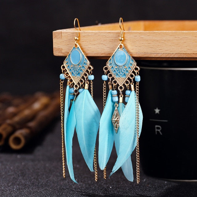 Summer Blue Long Feather Dangle Earrings For Women