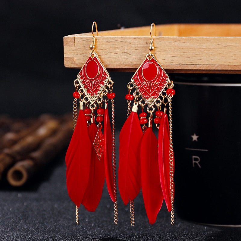 Summer Blue Long Feather Dangle Earrings For Women