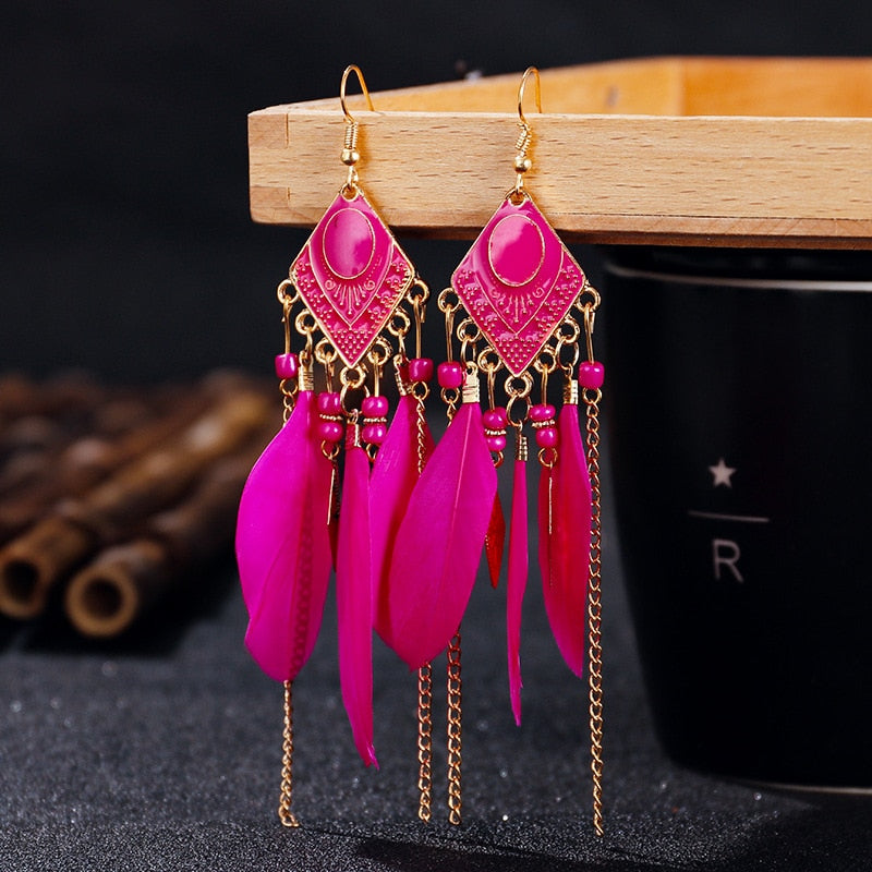 Summer Blue Long Feather Dangle Earrings For Women