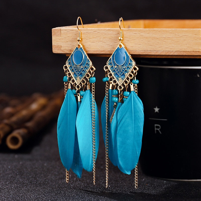 Summer Blue Long Feather Dangle Earrings For Women