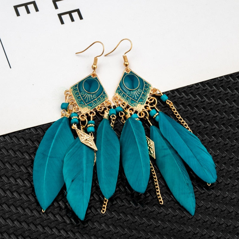 Summer Blue Long Feather Dangle Earrings For Women