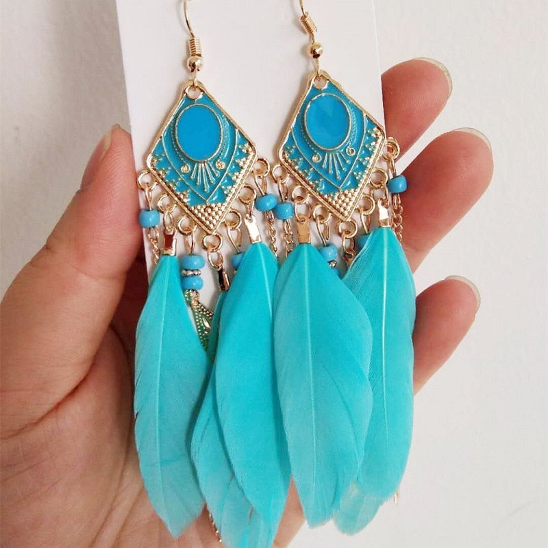 Summer Blue Long Feather Dangle Earrings For Women