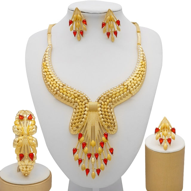 Arab Turkish Bridal Wedding Crystal Necklace Earrings Jewelry Set