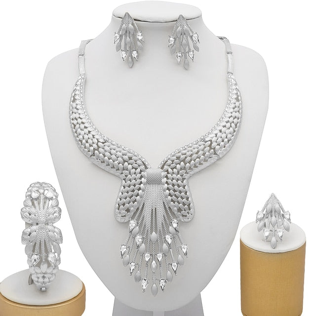 Arab Turkish Bridal Wedding Crystal Necklace Earrings Jewelry Set