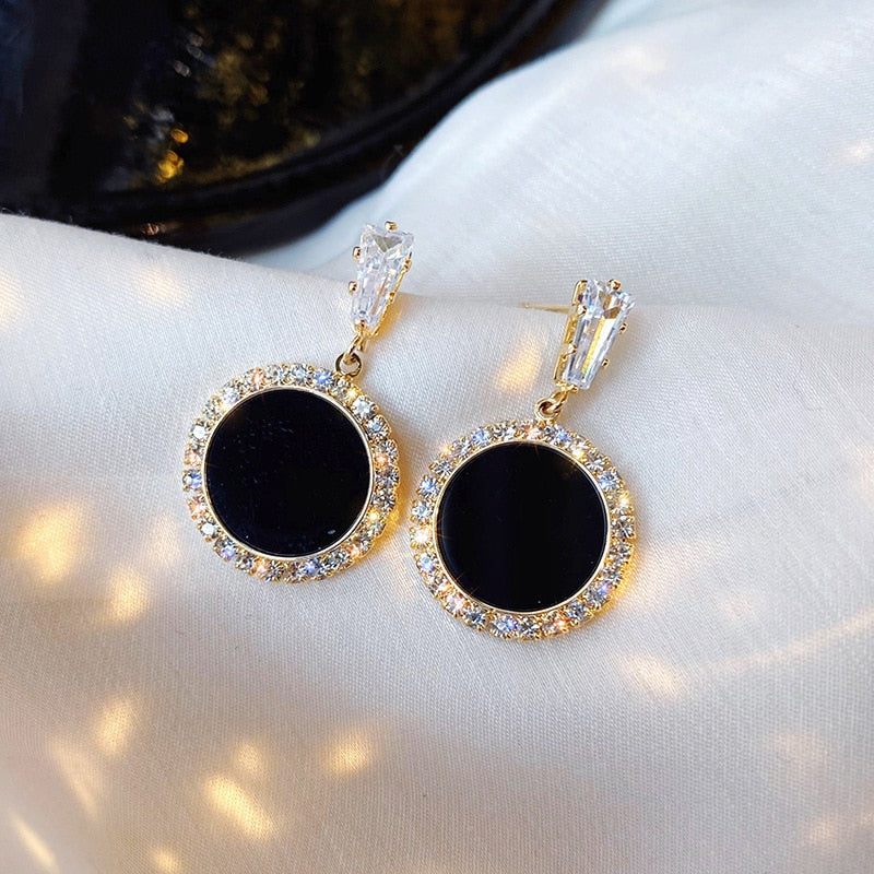 new black round rhinestone earrings