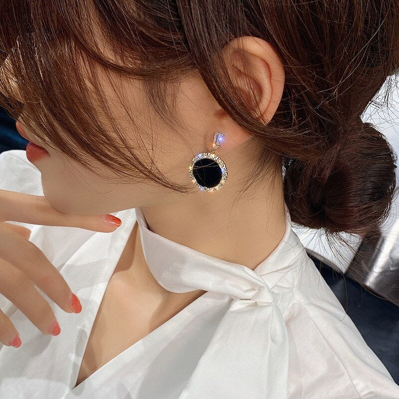 new black round rhinestone earrings