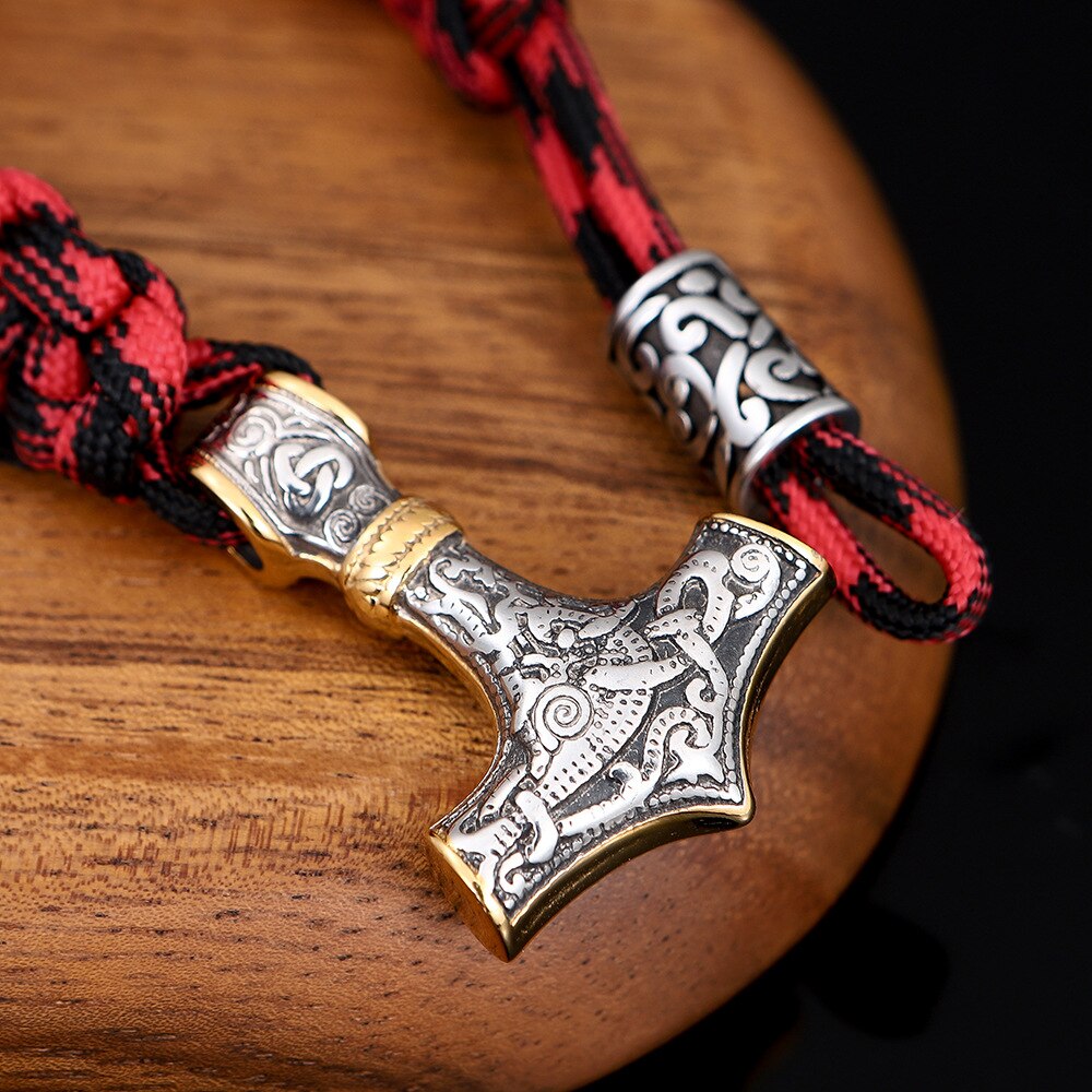 Men Thor Mjolnir Hammer Lanyard Rope Wrap Bracelet