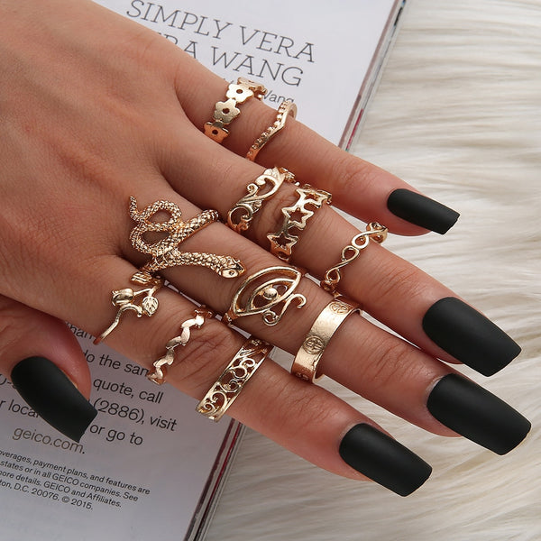 Juego de anillos para nudillos con forma de serpiente y estrella para mujer, diseño de flor de ojo