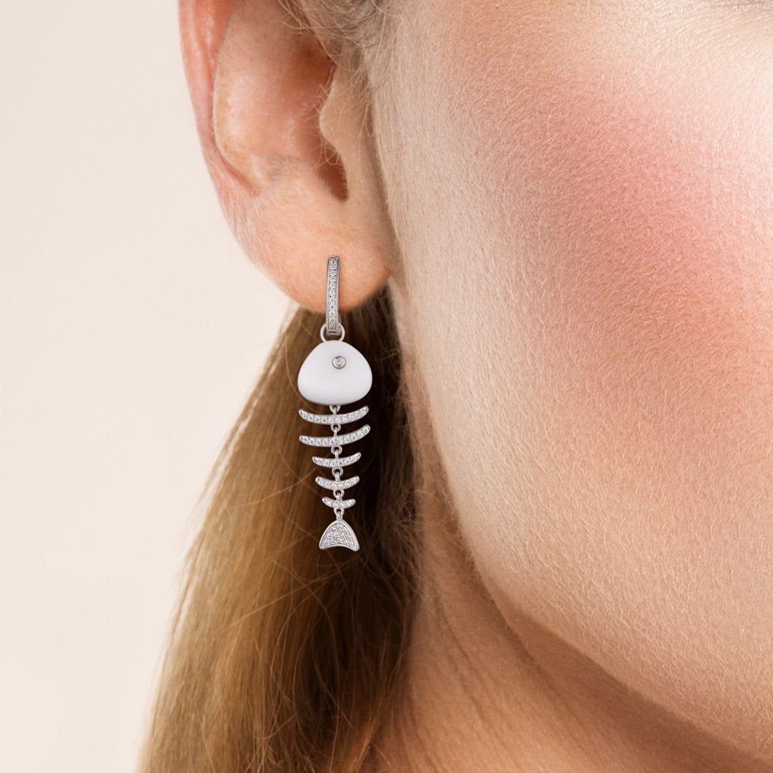 925 Sterling Silver Drop Earrings  Fish Bone Sparkling White Cubic Zirconia Earrings