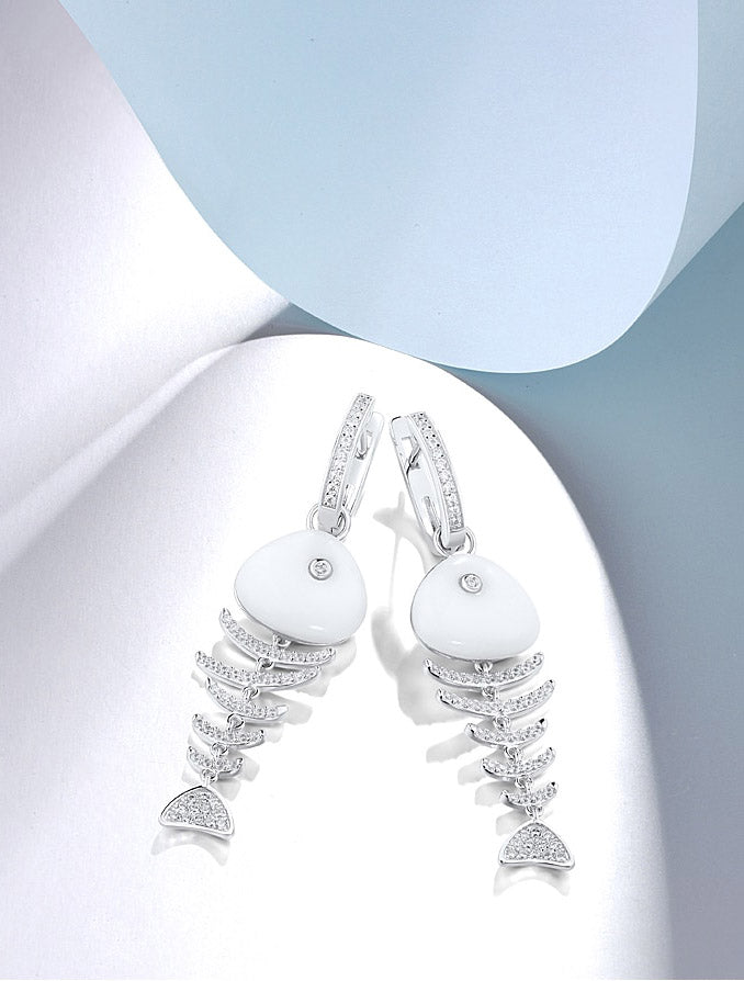 925 Sterling Silver Drop Earrings  Fish Bone Sparkling White Cubic Zirconia Earrings