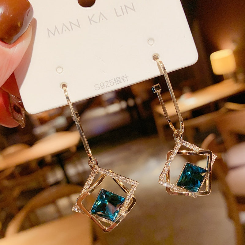 fashionable temperament hollow-out geometric blue crystal earring