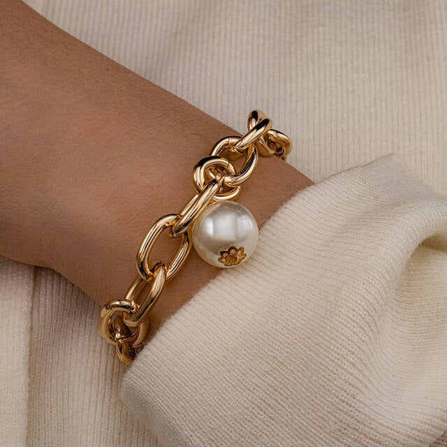 Punk Cuban Chains Pearl Bracelets Set For Women