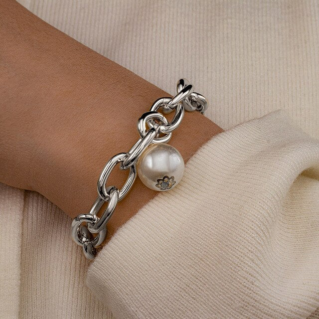 Punk Cuban Chains Pearl Bracelets Set For Women