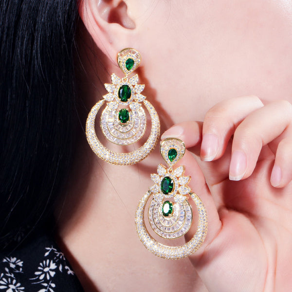 Vintage Dubai Yellow Gold Big Dangle Round Emerald Green Long Earrings