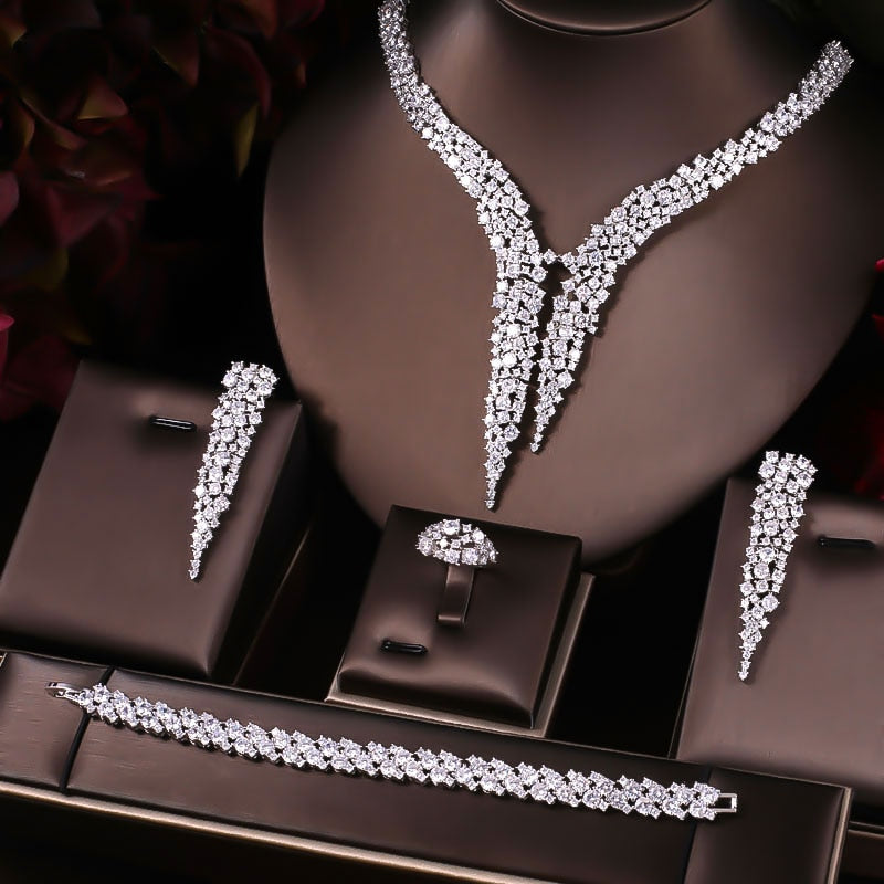 Luxury Sparking Brilliant Cubic Zircon Drop Earring Necklace jewelry sets