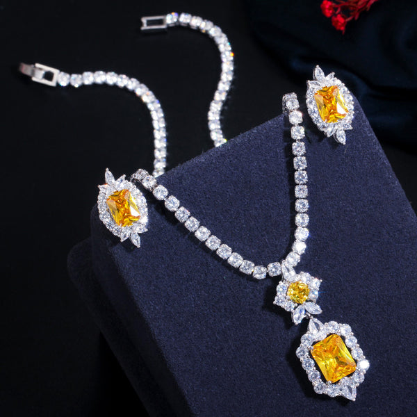 Conjunto de collar y pendientes con cristales de circonita cúbica cuadrada amarilla brillante de moda