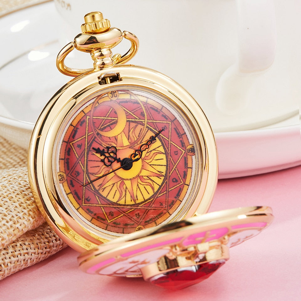 Anime Golden Pocket Watch  Star Gemstone Pink Pendant Chain Clock