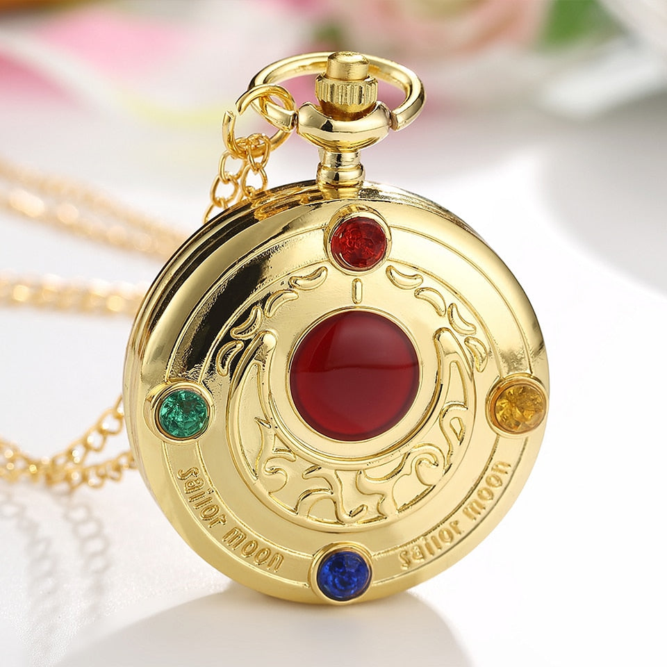 Anime Golden Pocket Watch  Star Gemstone Pink Pendant Chain Clock