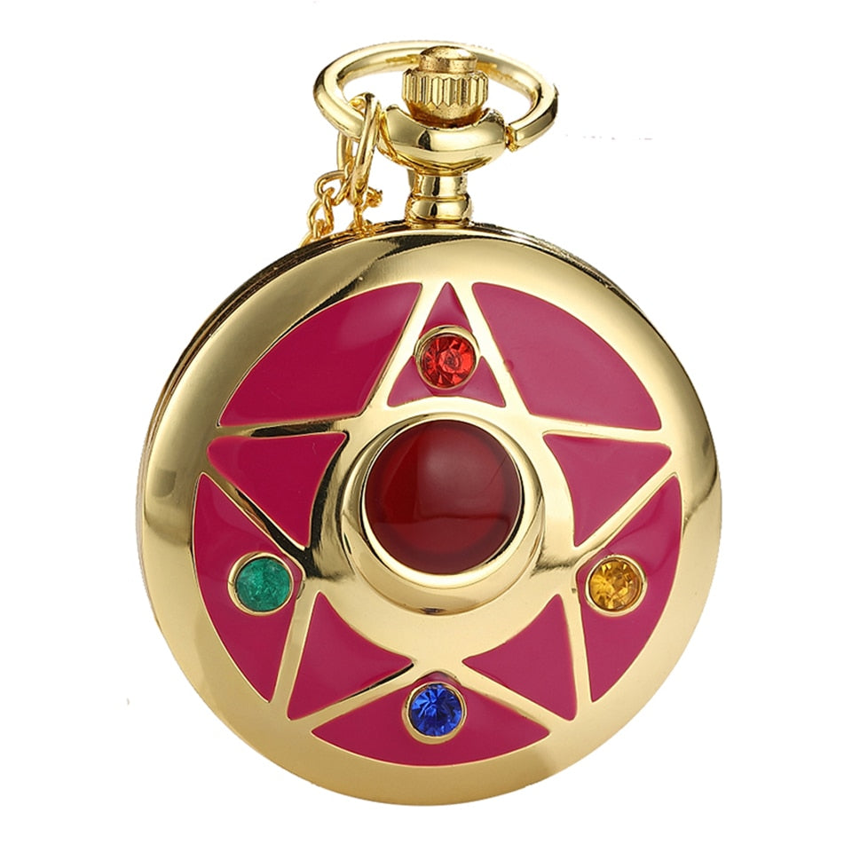 Anime Golden Pocket Watch  Star Gemstone Pink Pendant Chain Clock
