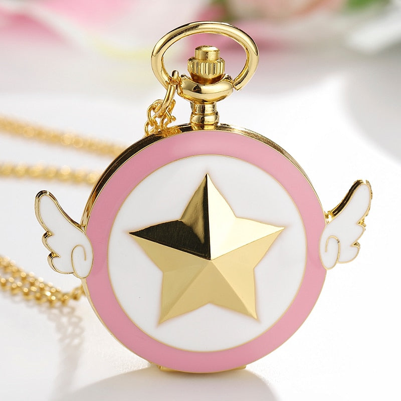 Anime Golden Pocket Watch  Star Gemstone Pink Pendant Chain Clock