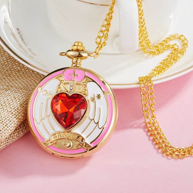 Anime Golden Pocket Watch  Star Gemstone Pink Pendant Chain Clock