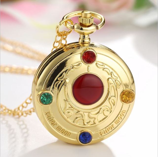 Anime Golden Pocket Watch  Star Gemstone Pink Pendant Chain Clock