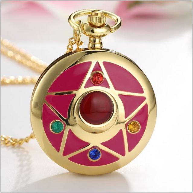 Anime Golden Pocket Watch  Star Gemstone Pink Pendant Chain Clock