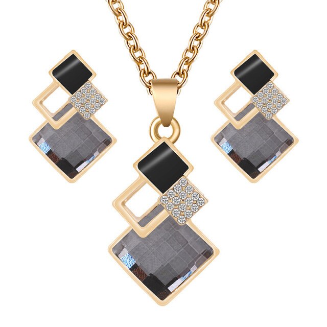 Crystal Geometric Pendants Necklace Earrings Sets