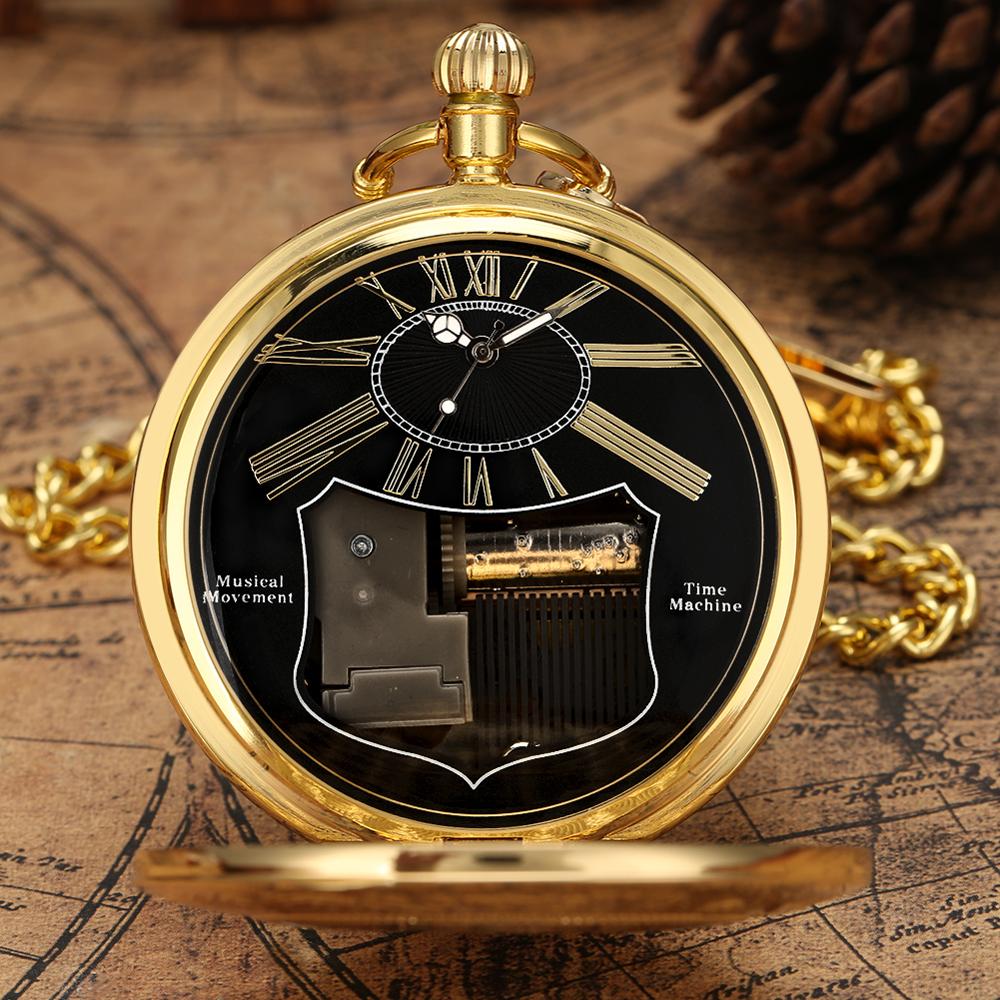 Golden Male Music Pocket Watch Retro Roman Numeral Dial Pocket Watch
