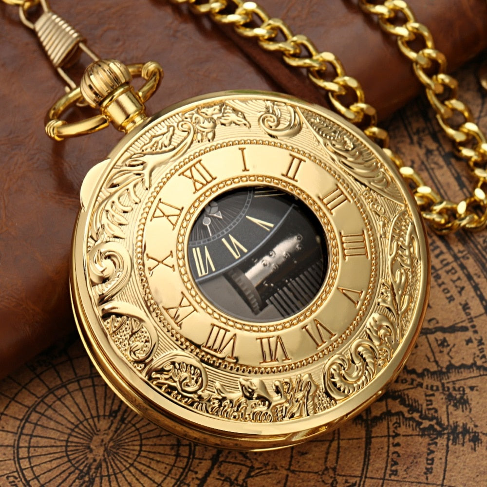 Golden Male Music Pocket Watch Retro Roman Numeral Dial Pocket Watch