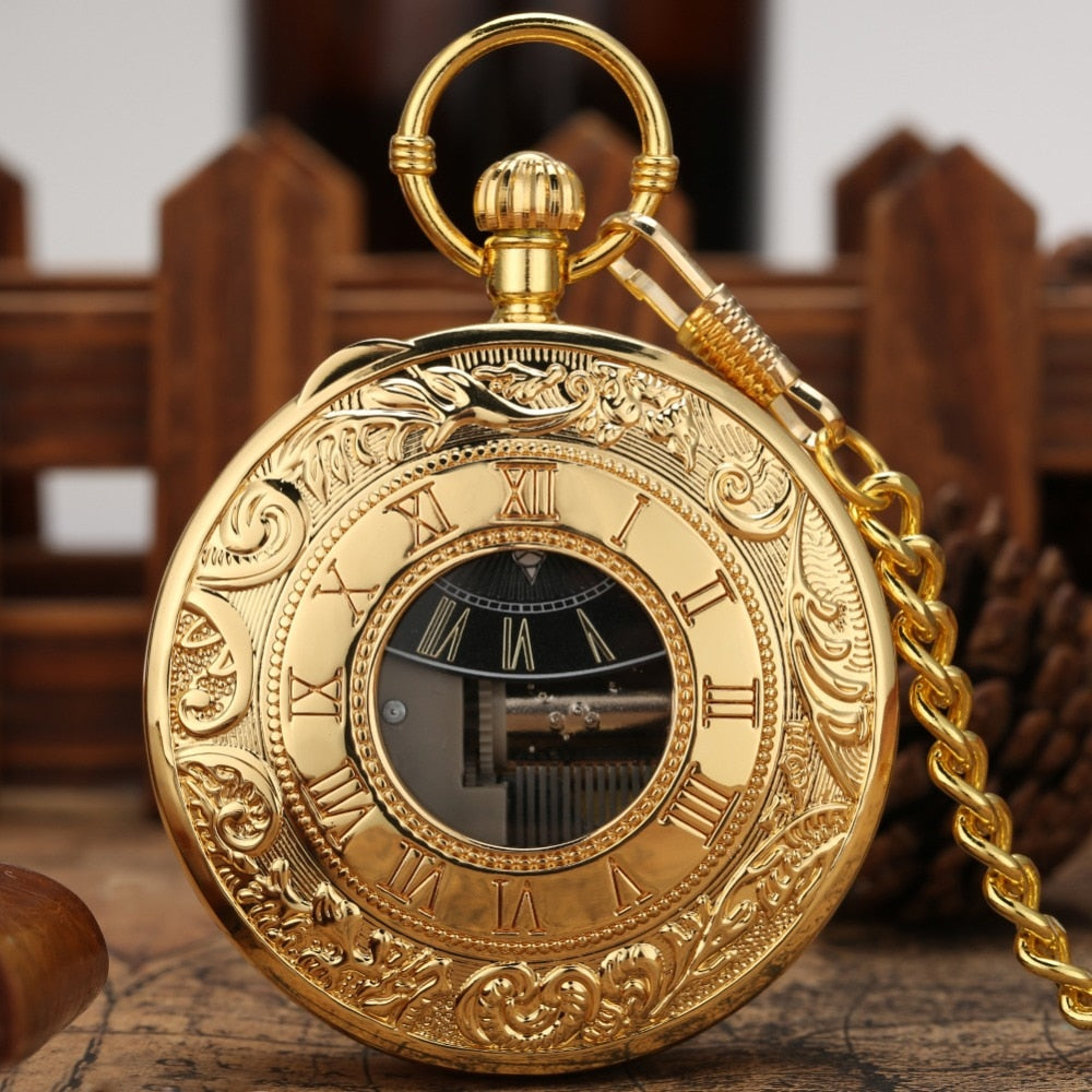 Golden Male Music Pocket Watch Retro Roman Numeral Dial Pocket Watch