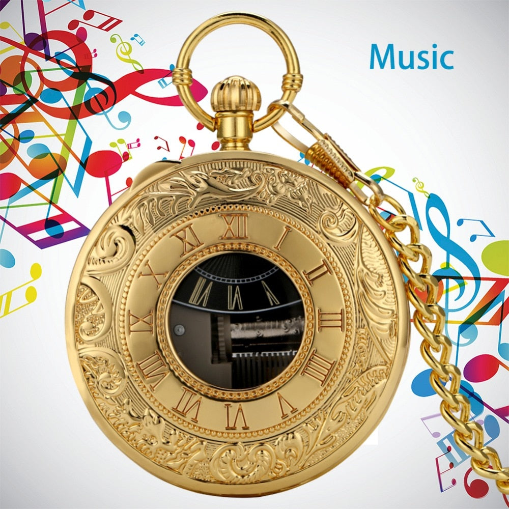 Golden Male Music Pocket Watch Retro Roman Numeral Dial Pocket Watch