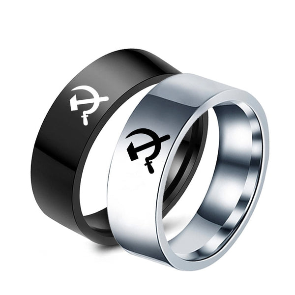 Anillo de acero de titanio con forma de martillo y hoz de joyería de moda