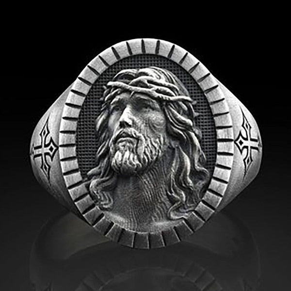 Anillo vintage de cruz de Jesús en color plata para hombre
