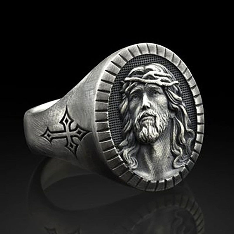 Vintage Silver Color Jesus Cross Ring For Men