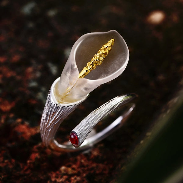925 Sterling Silver Calla Lily Flower Ring Adjustable Rings Women