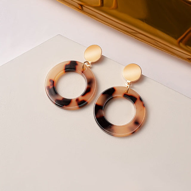Women Brown Arcylic Geometric Dangle Drop Gold Earing