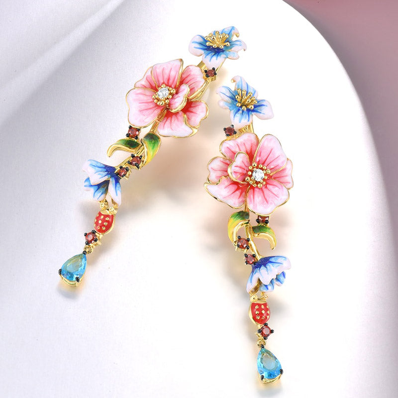 Delicate Colorful Flowers Long Handmade Enamel Silver Drop Earrings