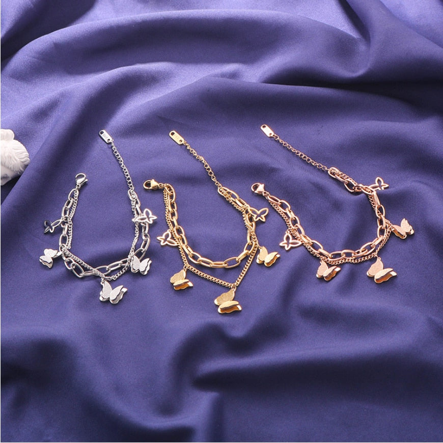 Multi-element 2 Layer Butterfly Thick Chain Bracelets