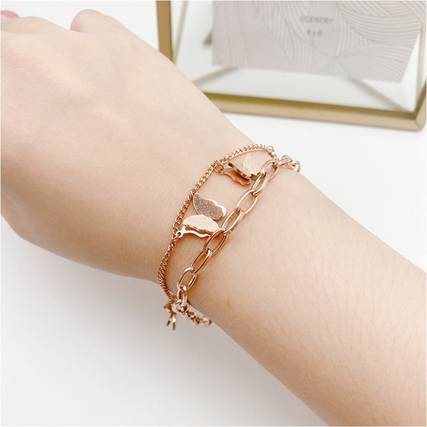 Multi-element 2 Layer Butterfly Thick Chain Bracelets