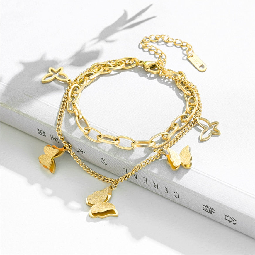 Multi-element 2 Layer Butterfly Thick Chain Bracelets