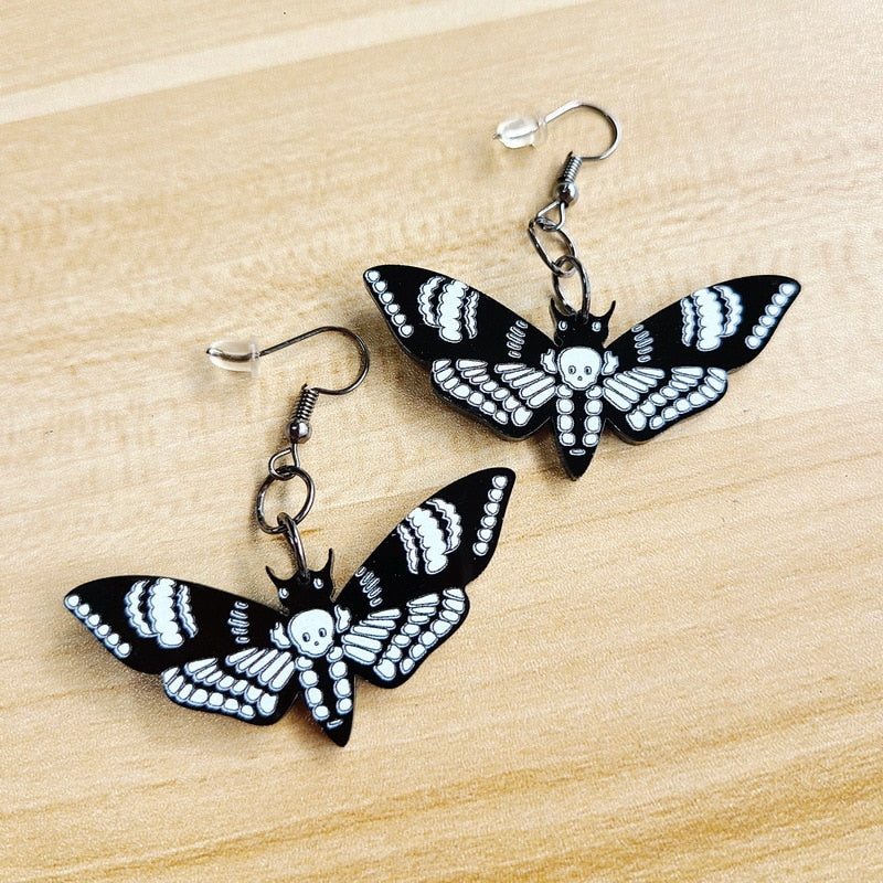Black Dark Skull Moth Insect Butterfly Acrylic Earrings for Women