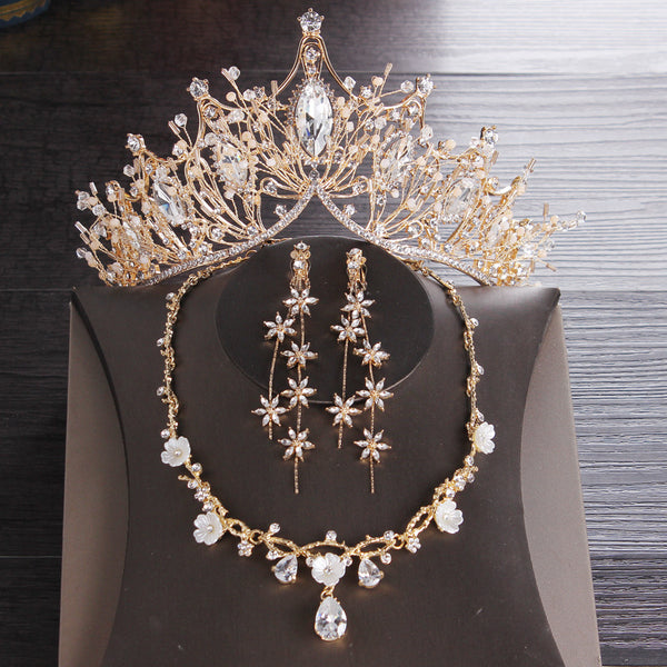 Conjuntos de joyas nupciales barrocas vintage de oro y cristal con nieve