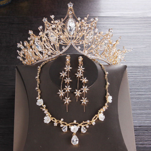 Baroque Vintage Gold Crystal Snow Bridal Jewelry Sets