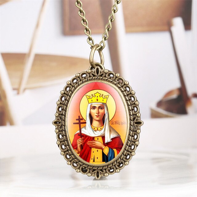 Gold/Bronze Virgin Mary Design Quartz Ladies Pendant Necklace Watch